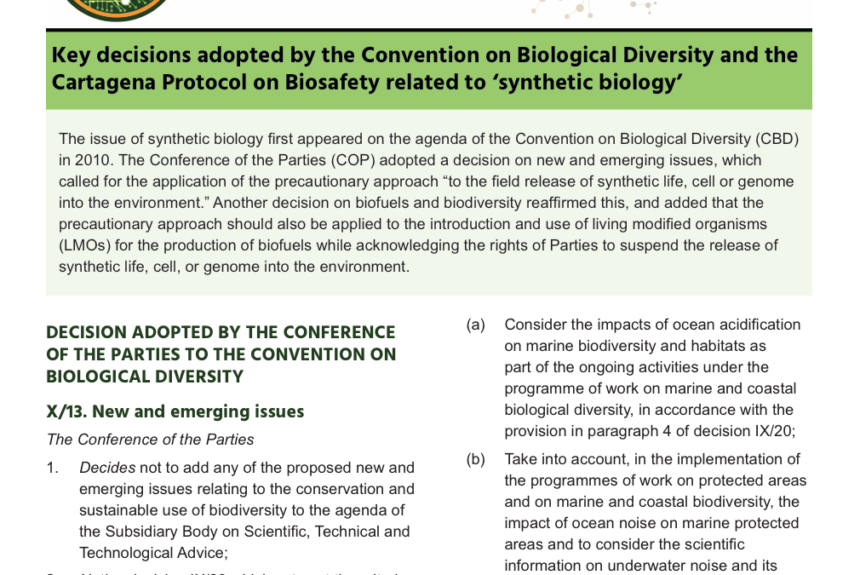 Compilations of Convention on Biological Diversity Decisions on Synthetic Biology